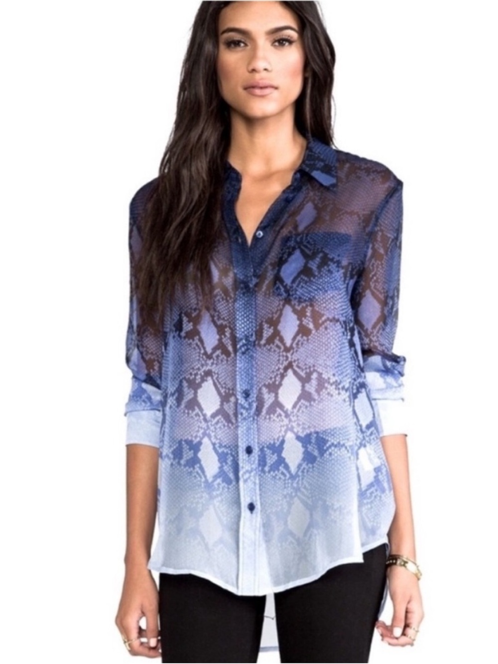 EQUIPMENT 100% Silk Reese Fading Blouse Marine Blue Ombré Snake Print M Like New